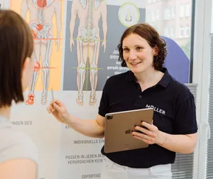 Eine Mitarbeiterin erklärt einer Kundin etwas